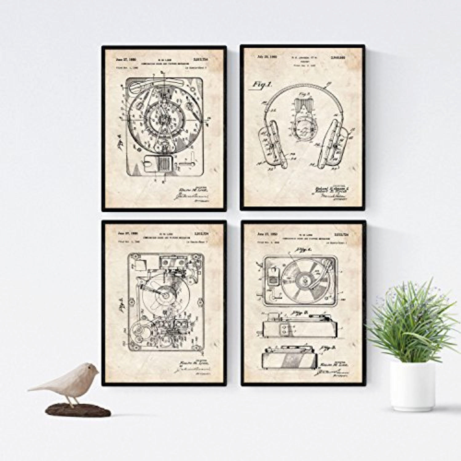 POSTER Set Mit 4 Mit Plattenspieler Patenten Größe A4 Rahmenlos - Klar, Papier (21/1cm) - Nacnic