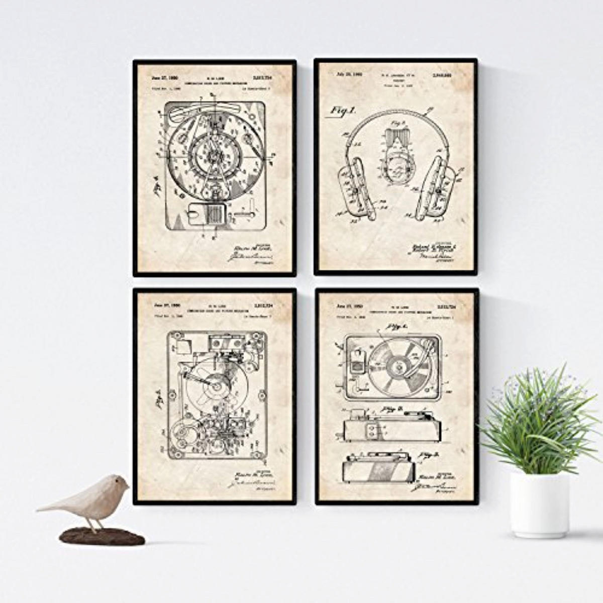 POSTER Set Mit 4 Mit Plattenspieler Patenten Größe A4 Rahmenlos - Klar, Papier (21/1/29.7cm) - Nacnic