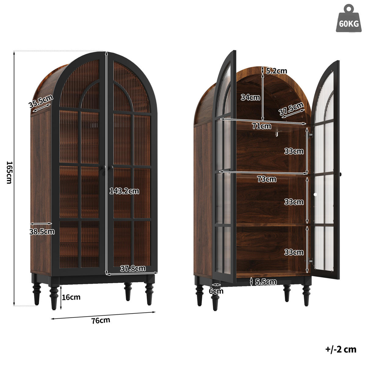 VITRINE 76/35,5/165 cm aus MDF mit Glastüren Schwarz - Schwarz, Holzwerkstoff (76/76/35.5cm) - Modenvie