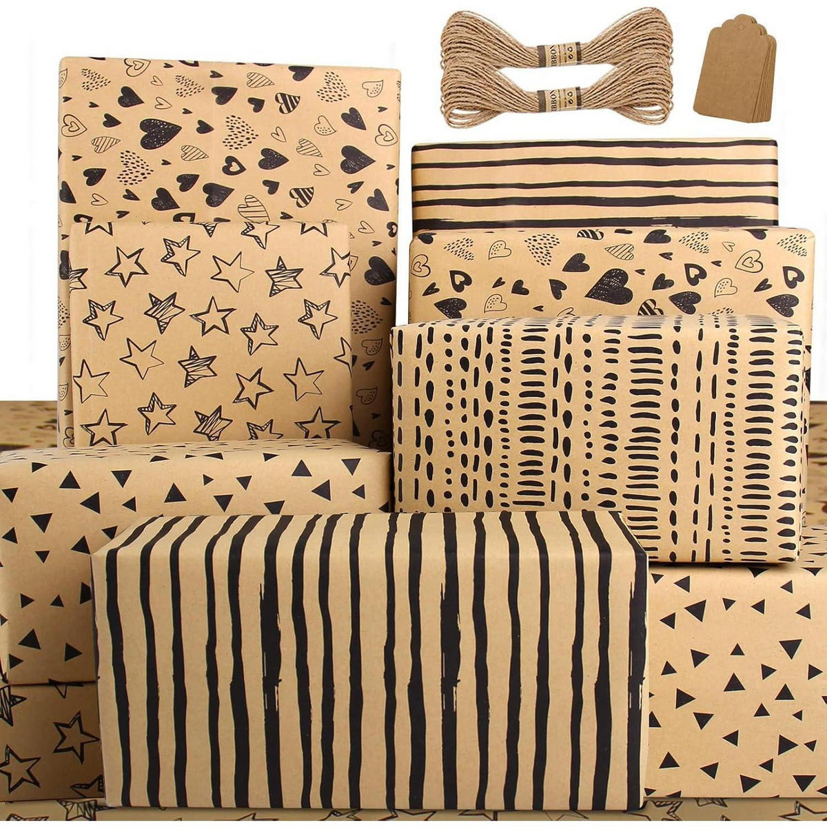 GESCHENKPAPIER Set 5-teilig mit Anhängern und Garn - Multicolor, Papier (50/50/70cm)