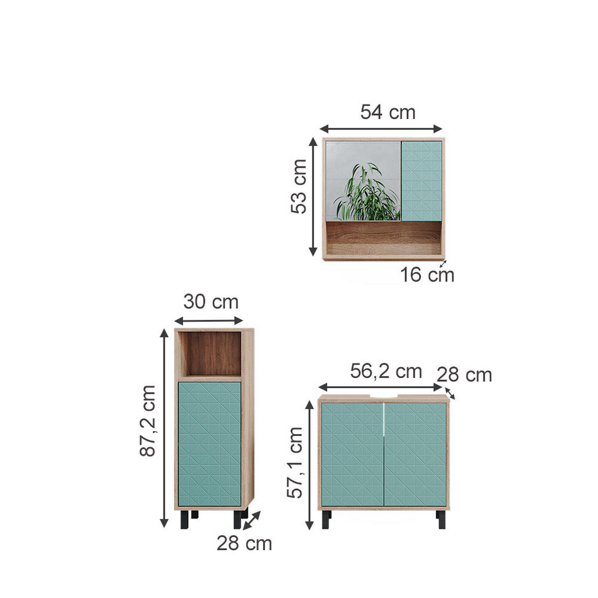 BADMÖBEL-SET Agasta Mintgrün 3 Teile, mit Midischrank - Mintgrün/Sonoma Eiche, Holzwerkstoff (56/57/28cm) - Vicco