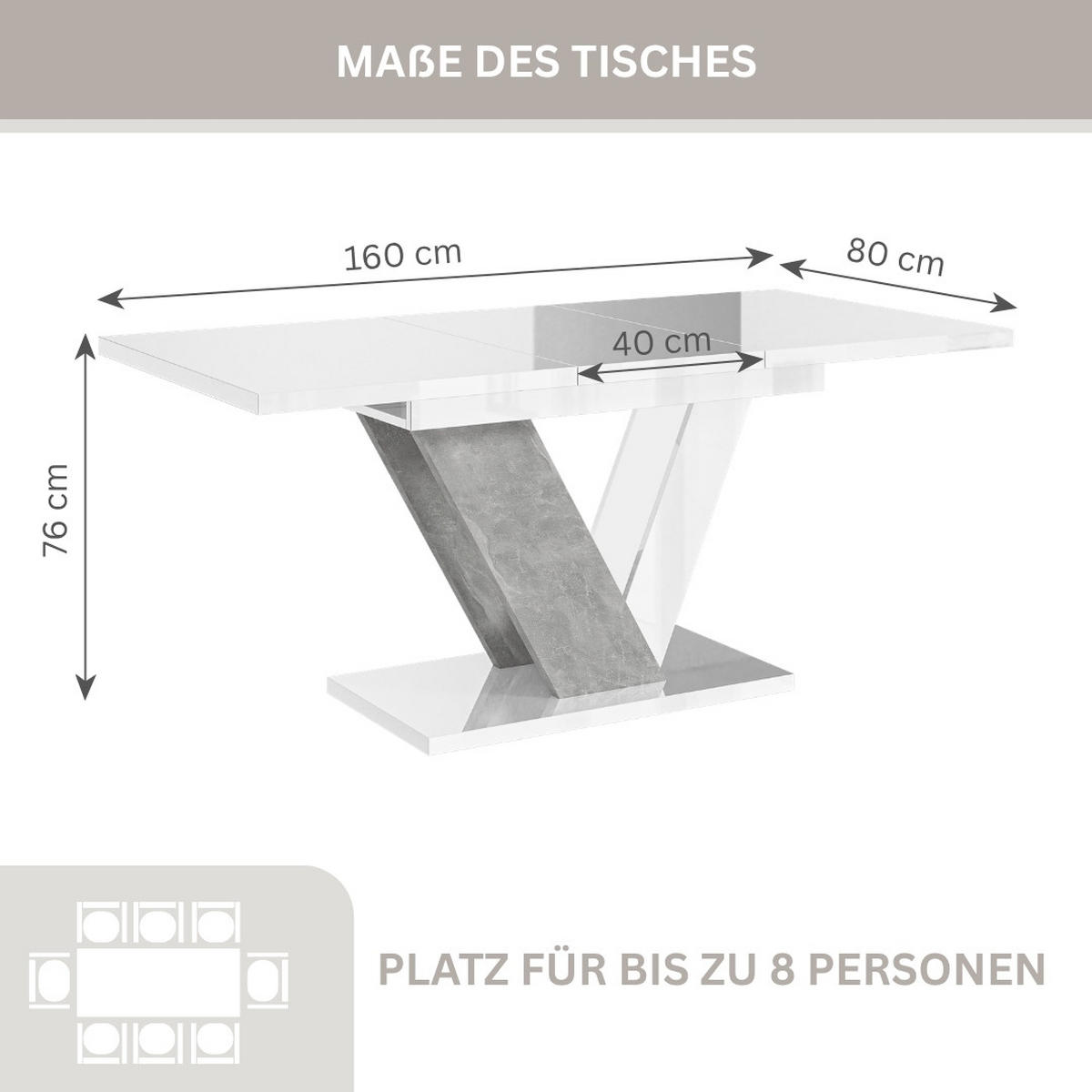 ESSTISCH Weiß Hochglanz Ausziehbar 120 - 160 cm - Weiß Hochglanz/Grau, Holzwerkstoff (120/80/76cm) - PROSPERO