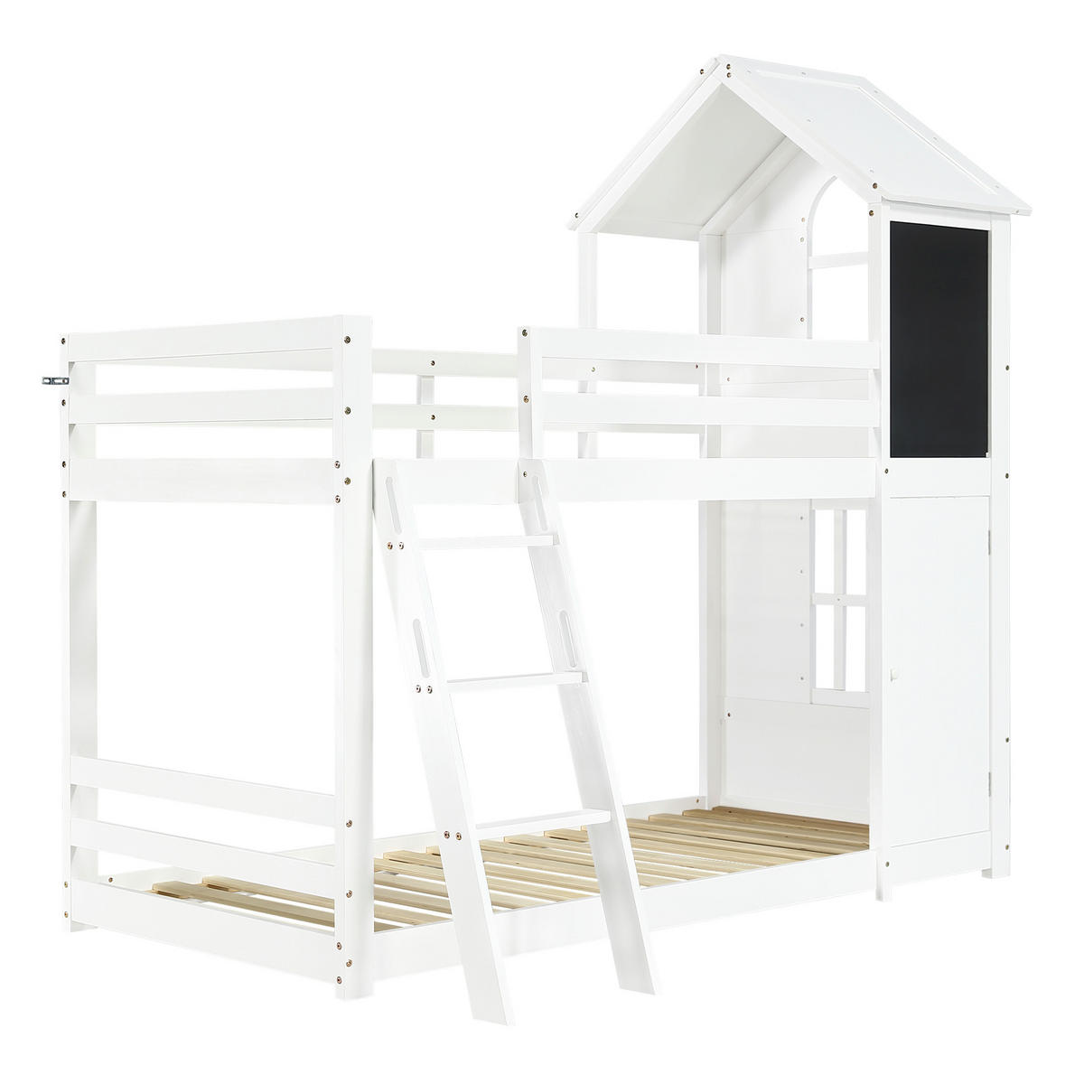 ETAGENBETT 90/200 cm mit Tafel, kleiner Tür, Dach und Schrägleiter aus Kiefernholz und MDF, Weiß - Weiß, Holzwerkstoff (90/200cm) - Redom