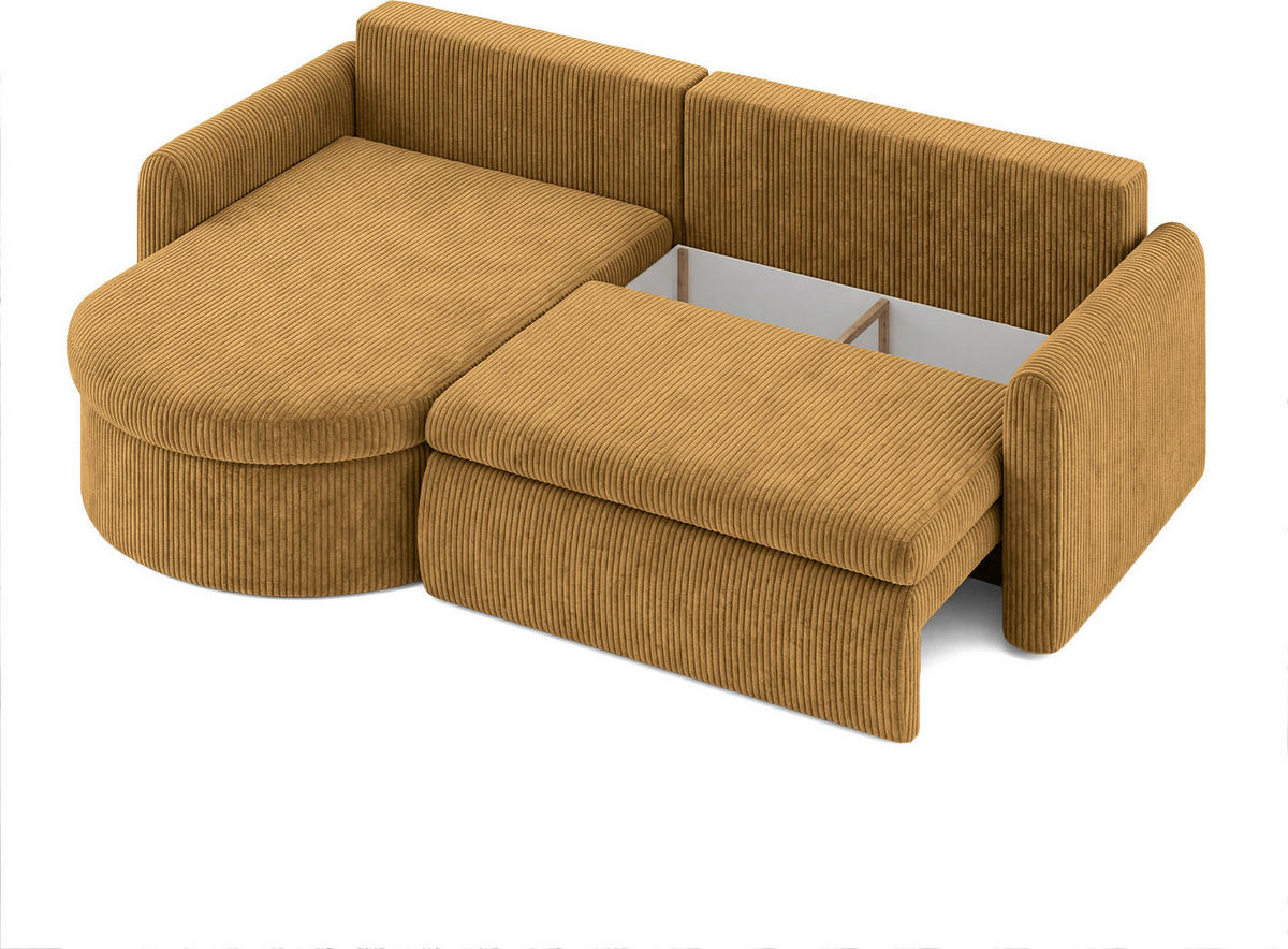 ECKSOFA Cora mit Schlaffunktion & Stauraum, Universell Rechts/Links, Senfgelb Cord Chenille 260/82/160 cm - Dunkelgelb/Schwarz, Kunststoff/Textil (250/160cm) - WFL GROUP