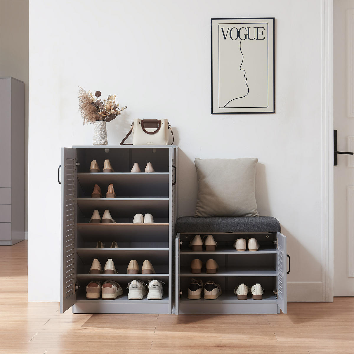 SCHUHSCHRANK Løten mit Sitzbank - Grau, Holzwerkstoff/Kunststoff (120/97/36cm) - [en.casa]