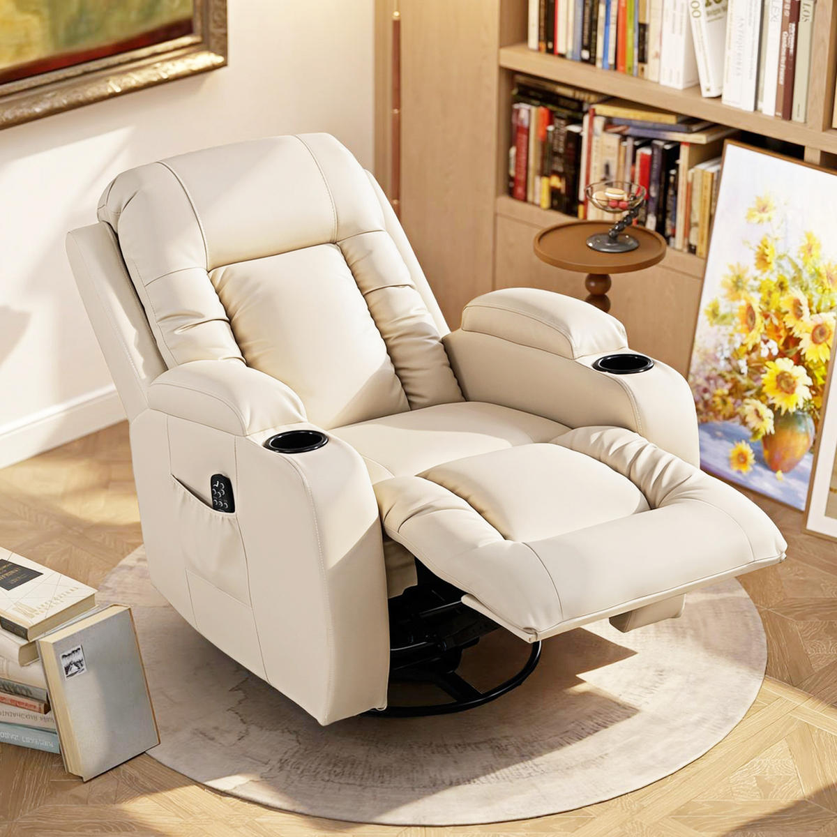 MASSAGESESSEL DE-15444 8 Massagepunkte mit Heizung und 360° Drehung Creme - Creme, Leder (82/103/99cm) - ComfortXL
