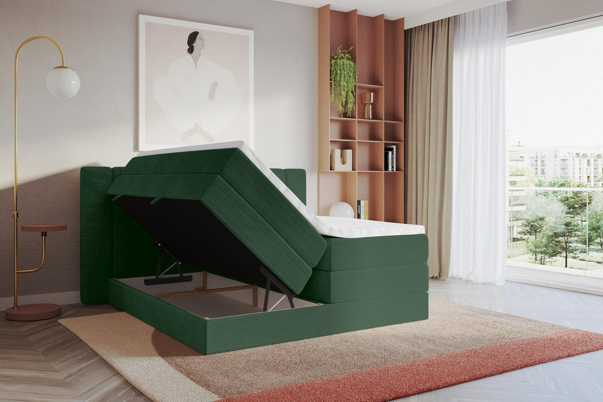 BOXSPRINGBETT mit Matratze H3/H4 - EVON KING - 140x200 cm Grün - Grün, Holzwerkstoff (140/200cm) - ALTDECOR