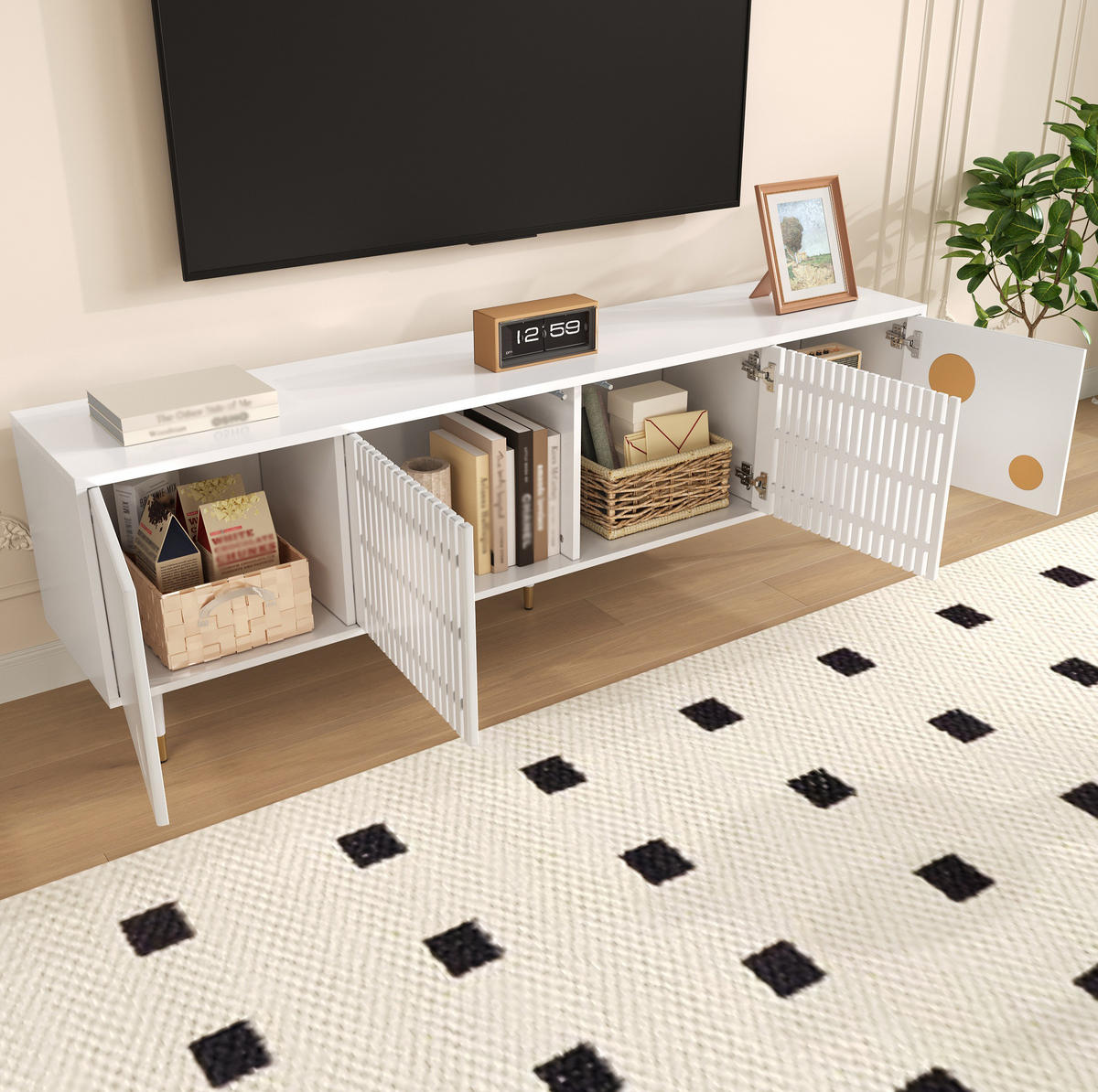 TV-SCHRANK in Weiß mit 4 Türen, Gitterfront und Goldakzenten 170/36/54 cm - Weiß, Holzwerkstoff (170/54/36cm) - Redom