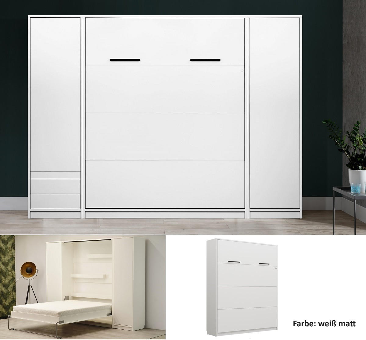 SCHRANKBETT vertikal GN 160x200 mit 2 Schränken & LED-Beleuchtung - Weiß matt - 3-tlg. - Schwarz/Weiß, Holz/Holzwerkstoff (160/200cm) - QMM TraumMöbel
