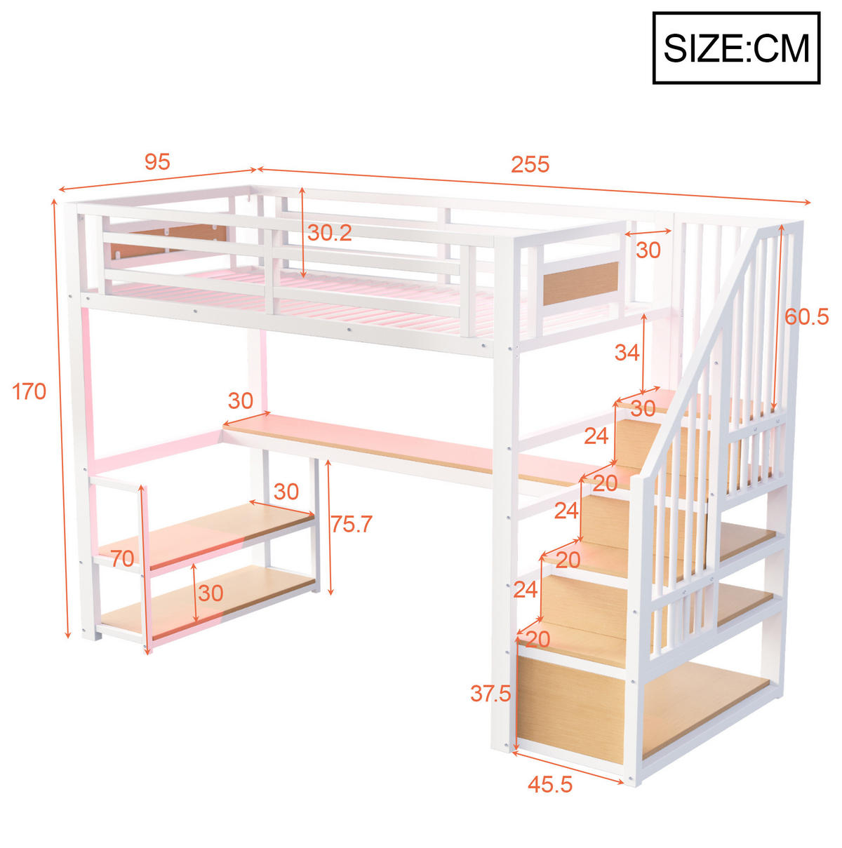 HOCHBETT 90/200 cm aus Metall und MDF mit Tisch und Stauraumleiter Weiß - Weiß, Metall (90/200cm) - Modenvie