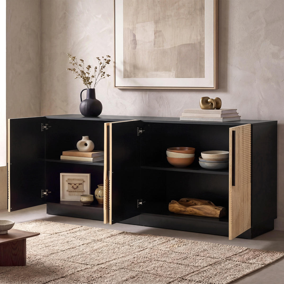 SIDEBOARD 4 Türen Relieffront Metallgriffe MDF Schrank Modern - Multicolor, Holzwerkstoff (160/76/42cm) - FLIEKS