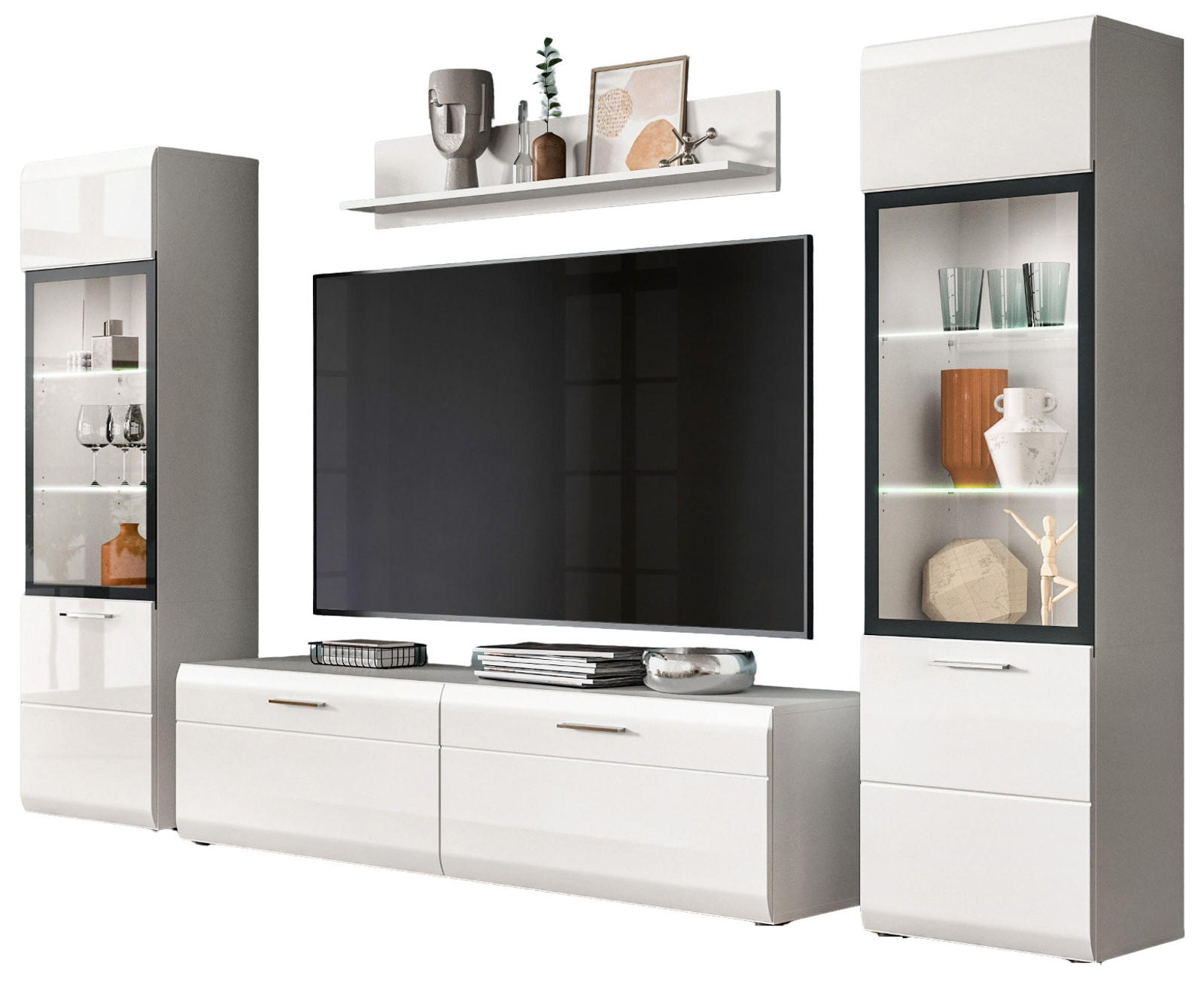 WOHNWAND weiß Hochglanz 4-teilig 280 cm, Schrankwand mit 2 Vitrinen - Weiß Hochglanz/Silberfarben, Glas/Holzwerkstoff (280/160/41cm) - Inn.Furn