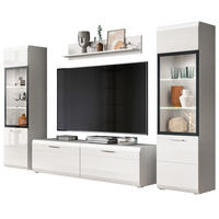 WOHNWAND weiß Hochglanz 4-teilig 280 cm, Schrankwand mit 2 Vitrinen - Weiß Hochglanz/Silberfarben, Glas/Holzwerkstoff (280/160/41cm) - Inn.Furn