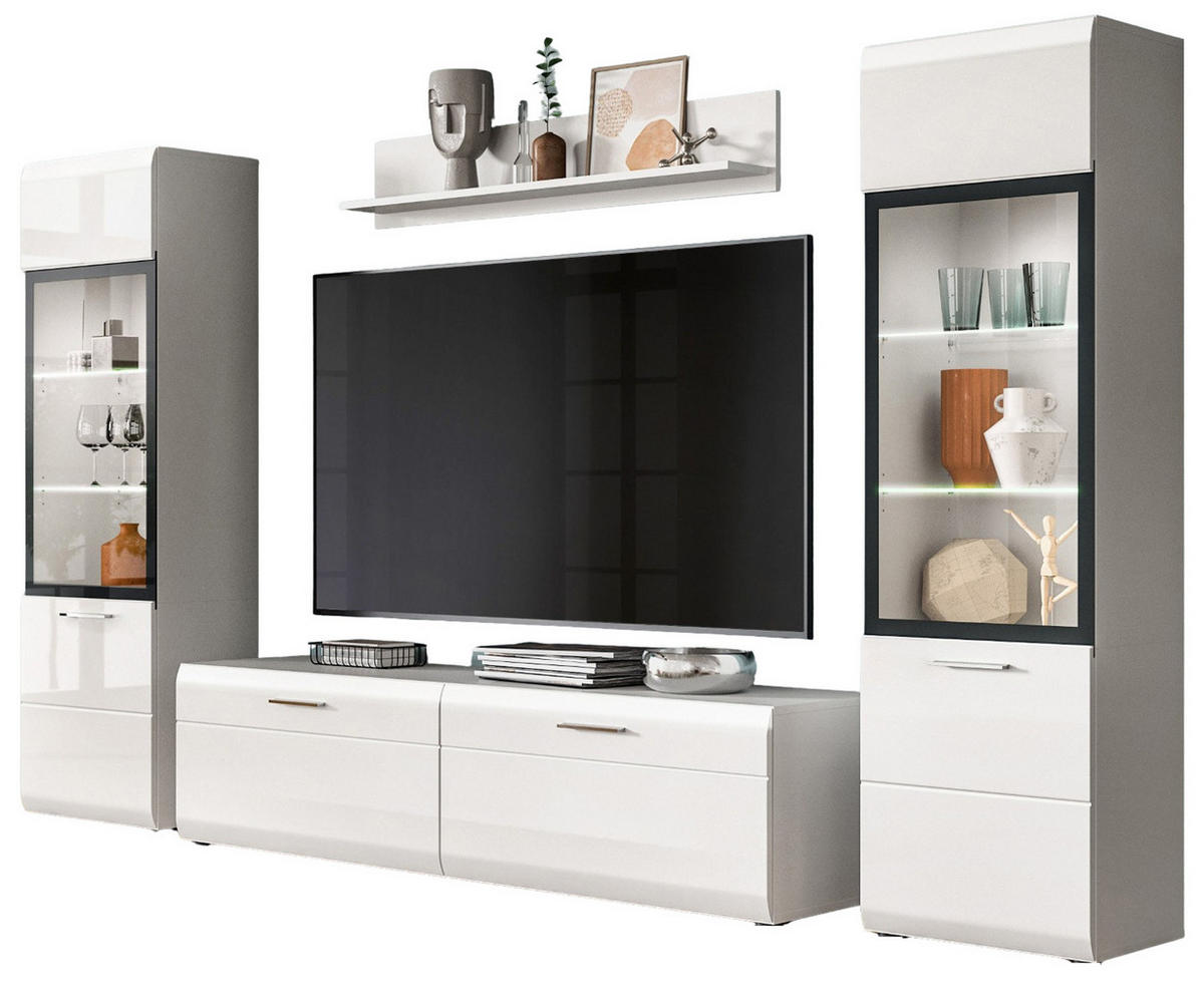 WOHNWAND weiß Hochglanz 4-teilig 280 cm, Schrankwand mit 2 Vitrinen - Weiß Hochglanz/Silberfarben, Glas/Holzwerkstoff (280/160/41cm) - Inn.Furn