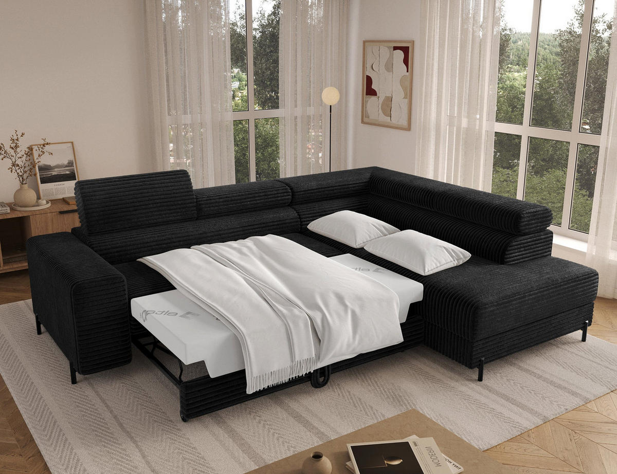ECKSOFA COLESIO L-Form, Schlaffunktion, Bettkasten, verstellbare Kopfstützen, Wellenfederung, Metallfüße, breiter Cordstoff - Schwarz, Kunststoff/Metall (204/269cm) - Wohnideebilder