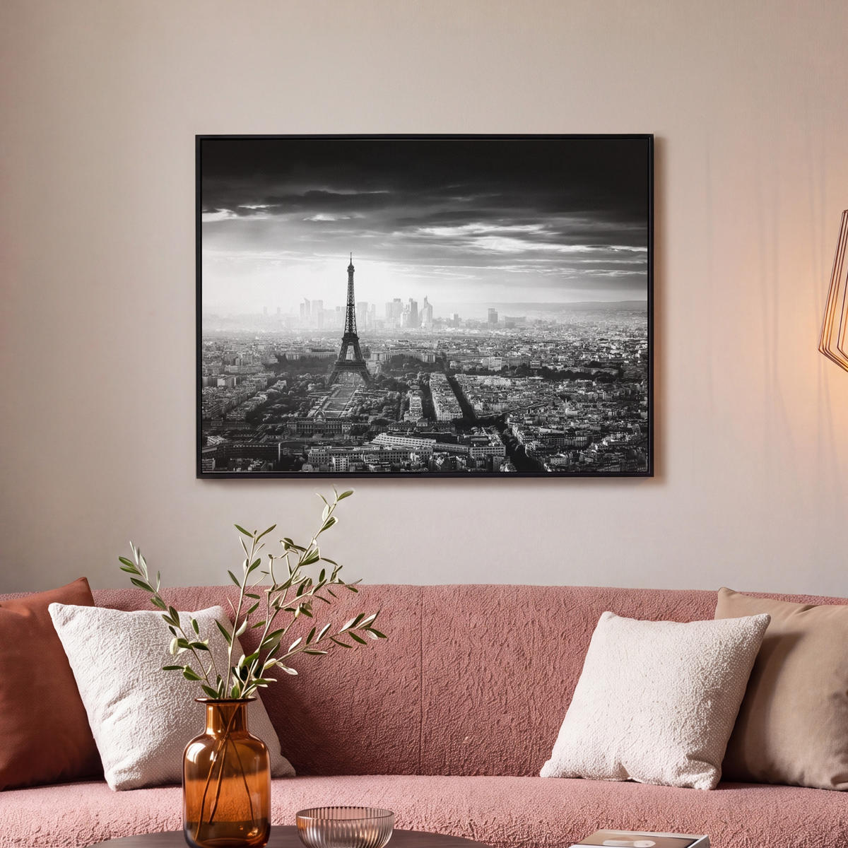 LEINWAND Bilder mit Rahmen - Paris - Skyline - Eiffelturm - Stadt - Wolken - 70x50 - Dunkelgrau, Textil (70/50cm) - MuchoWow