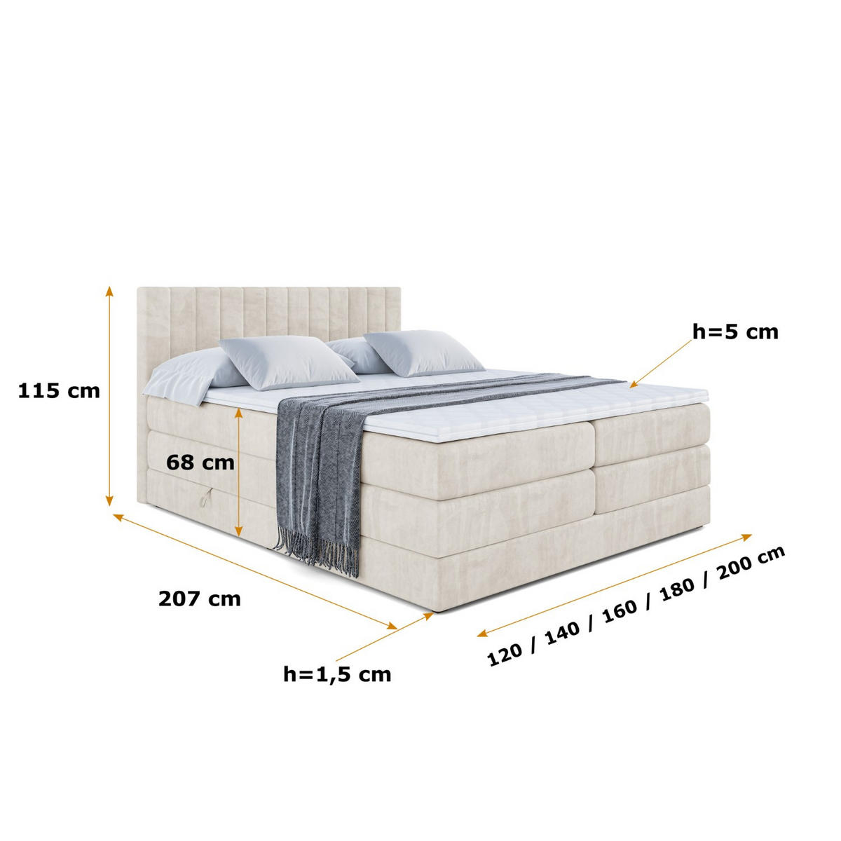 BOXSPRINGBETT EDITA KING - 160x200 - H3/H4 - Creme - Creme, Holzwerkstoff (160/200cm) - ALTDECOR