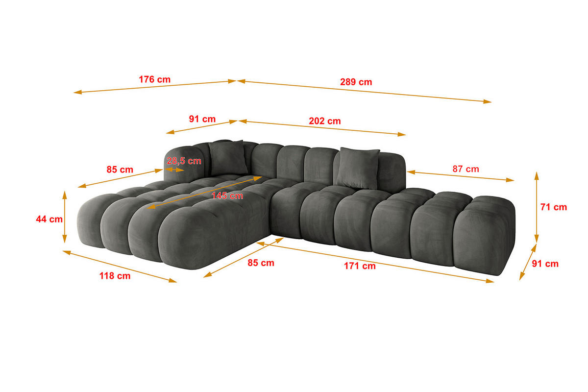 ECKSOFA Ottomane Links OLEA-L2 - 289x176x71 cm Anthrazit - Anthrazit/Schwarz, Holzwerkstoff/Kunststoff (289/176cm) - ALTDECOR