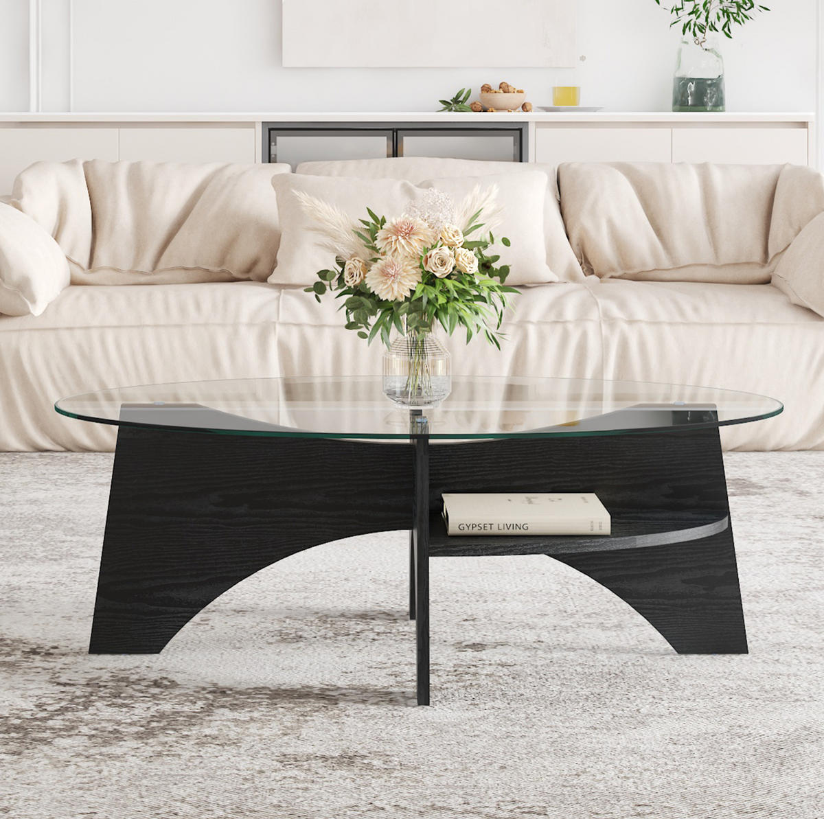 BEISTELLTISCH 104,9/35,6/60 cm Schwarz Transparent aus MDF und Glas mit fächerförmigem Gestell - Schwarz, Holzwerkstoff (104.9/60/35.6cm) - OKMYHOME