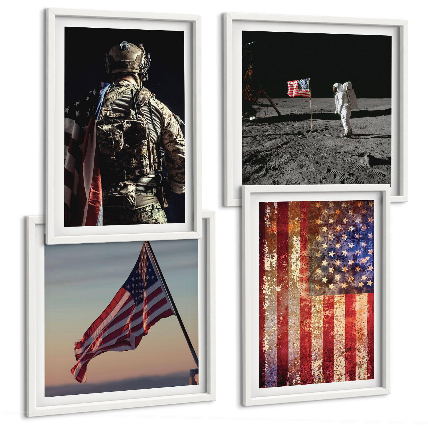 BILDER SET 4er Set - 50x50 cm & 40x60 cm Weißer Rahmen - Amerikanische Symbole, USA-Flagge - Weiß, Kunststoff (50/50cm) - TULUP
