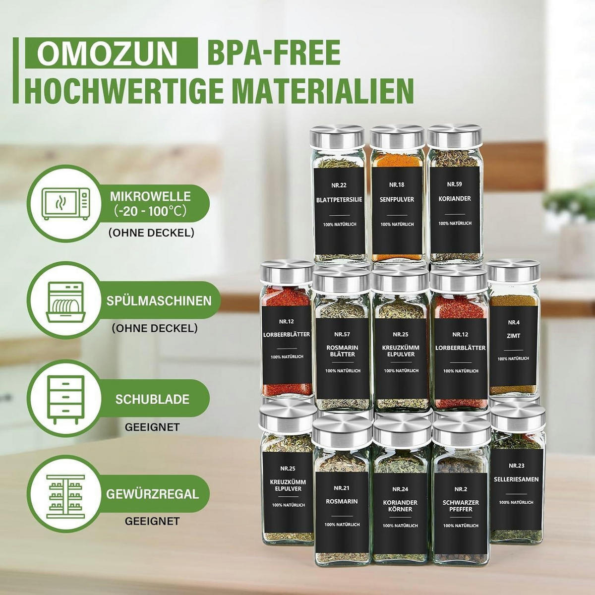 GEWÜRZGLÄSER Set 24 Stück 120ml Eckig mit Streueinsatz und Etiketten - Multicolor, Glas (3.8/10.5/4.4cm)