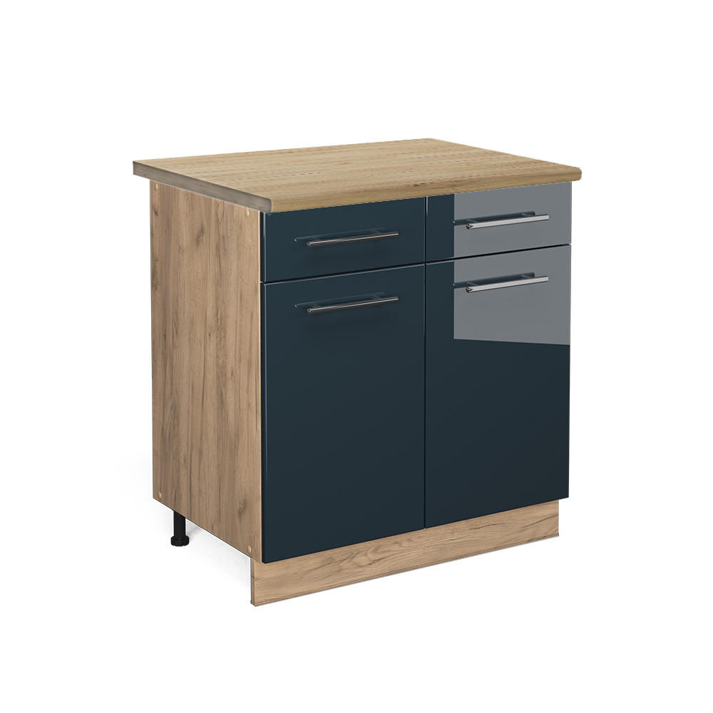 KÜCHENUNTERSCHRANK Fame-Line Dunkelblau Hochglanz 80 cm, AP Eiche - Eiche Wotan/Dunkelblau, Holzwerkstoff (80/82/60cm) - Vicco