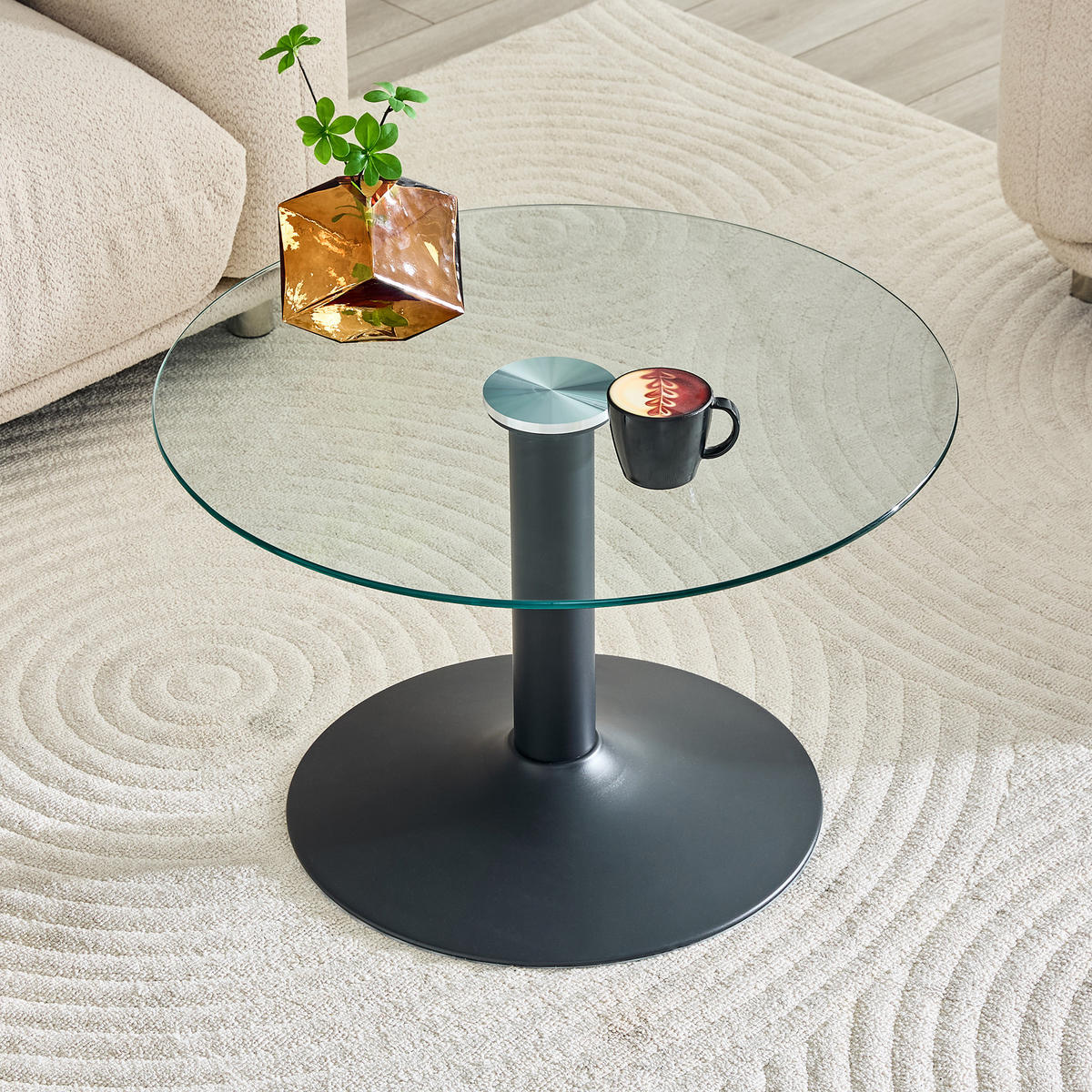 COUCHTISCH DE-37356 rund mit Glasplatte und Metallgestell Schwarz - Schwarz, Metall (70/70/45cm) - ComfortXL