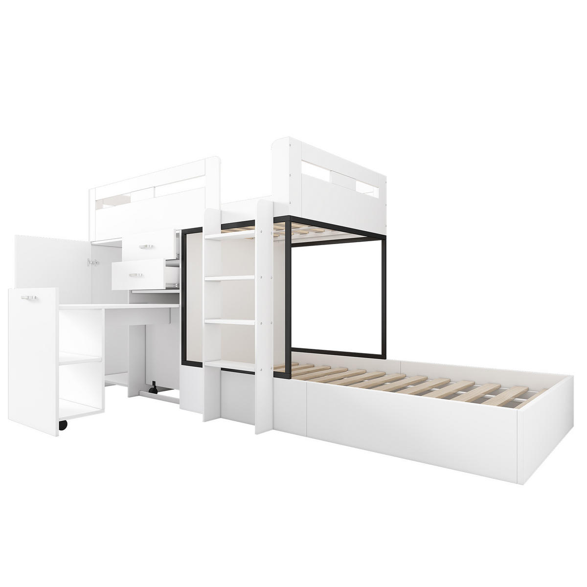 ETAGENBETT mit Schreibtisch und Garderobe 90x200 cm MDF Weiß/Schwarz - Weiß, Holz (90/200cm) - Meubliv