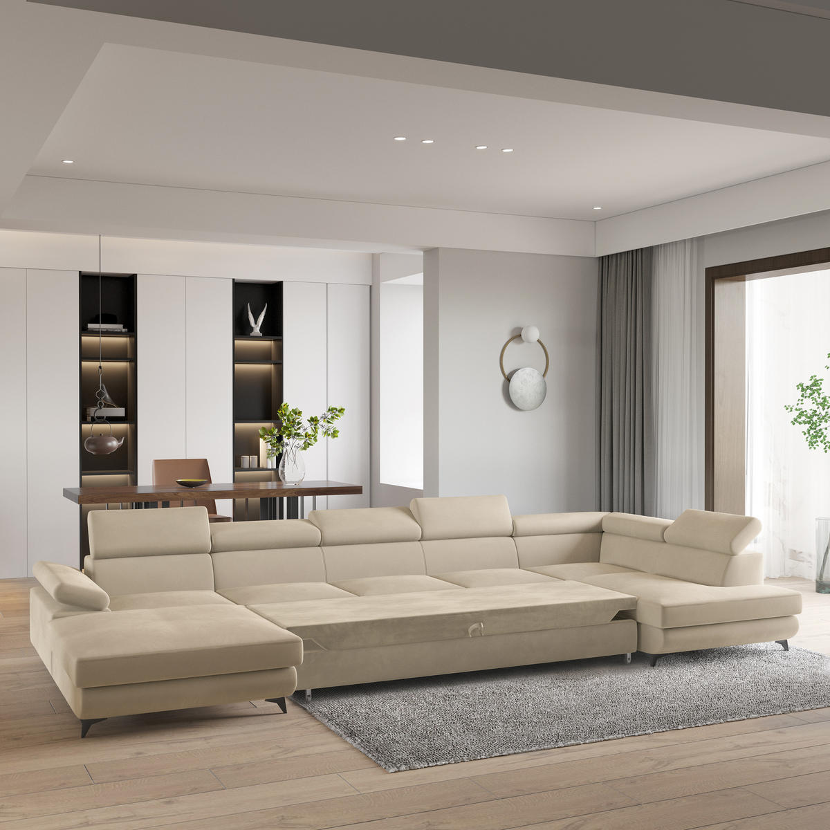 WOHNLANDSCHAFT MONTIVA Creme Velours-Stoff mit Schlaffunktion - Creme, Holz (410/89/190cm) - MASSENO