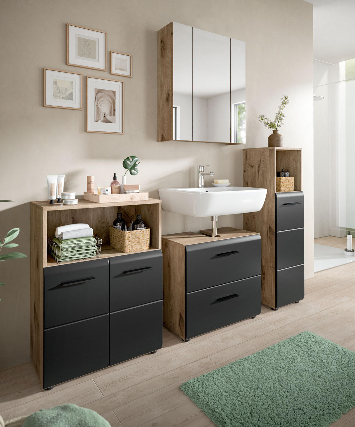 BADMÖBEL-SET 4-teilig in schwarz matt und Eiche Badezimmer mit viel Stauraum, 180 x 185 cm - Eichefarben/Schwarz, Glas/Holzwerkstoff (180/185/30cm) - Inn.Furn