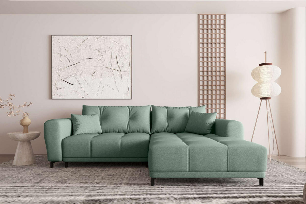 ECKSOFA Massimo Strukturstoff Salbeigrün inkl. Schlaffunktion Rechts - Salbeigrün/Schwarz, Textil/Metall (246/177cm) - 99rooms