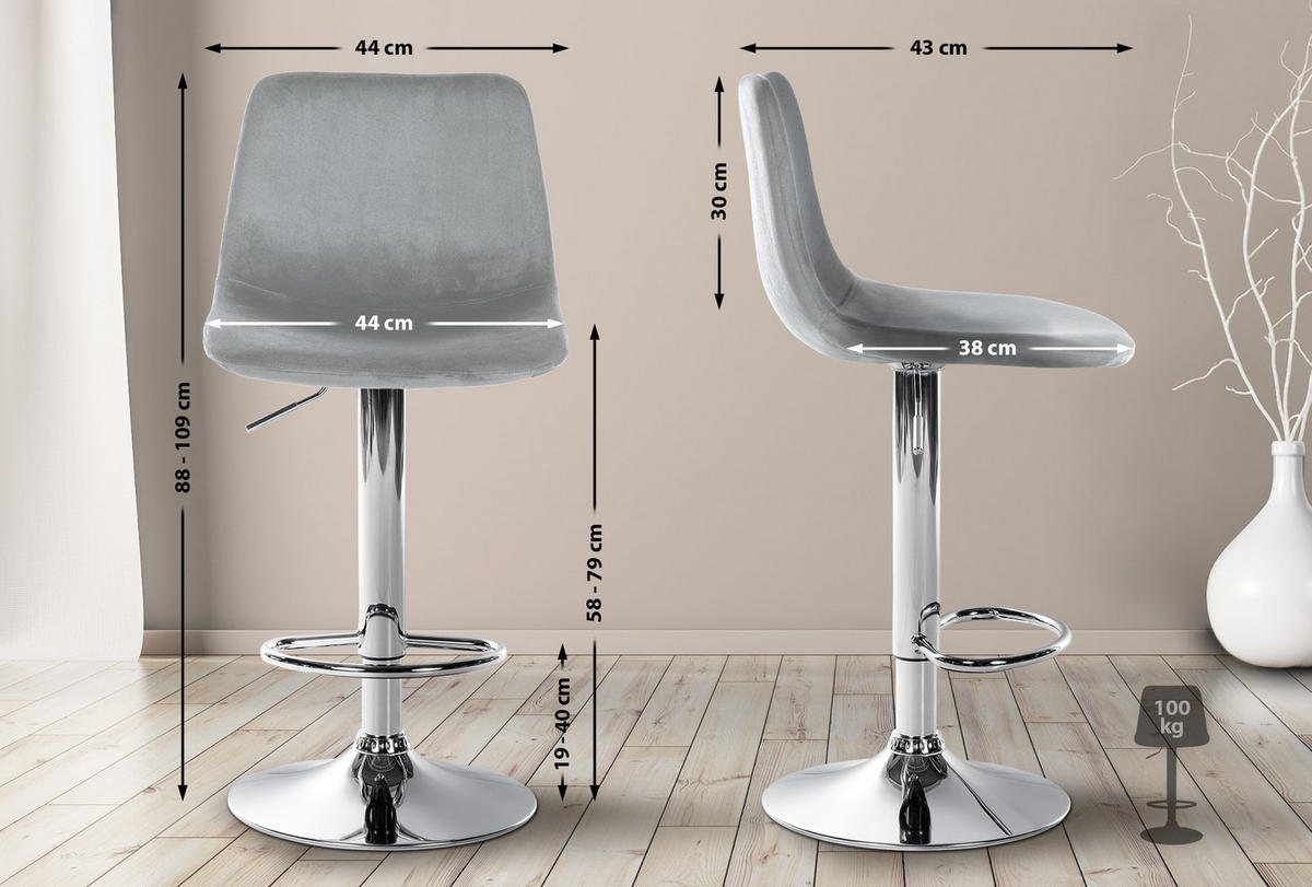 BARHOCKER 2er Set Samt grau - Chromfarben/Grau, Textil/Metall (44/88/43cm) - CLP