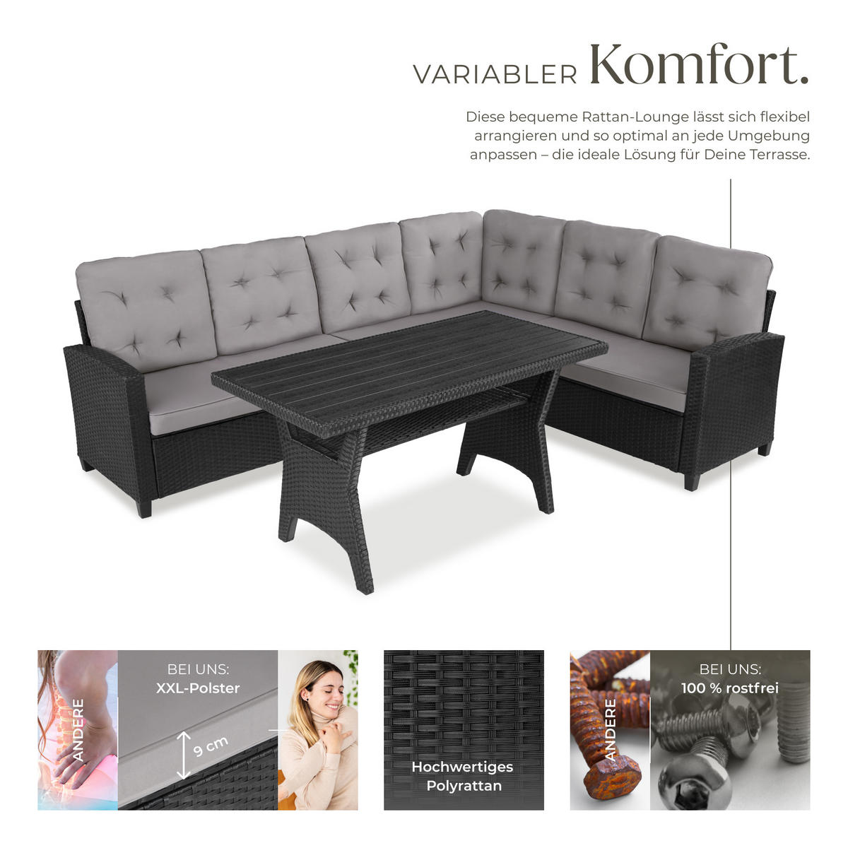 RATTANLOUNGE Catania,Tisch mit Schraubfüßen,schwarz - Schwarz, Kunststoff - tectake