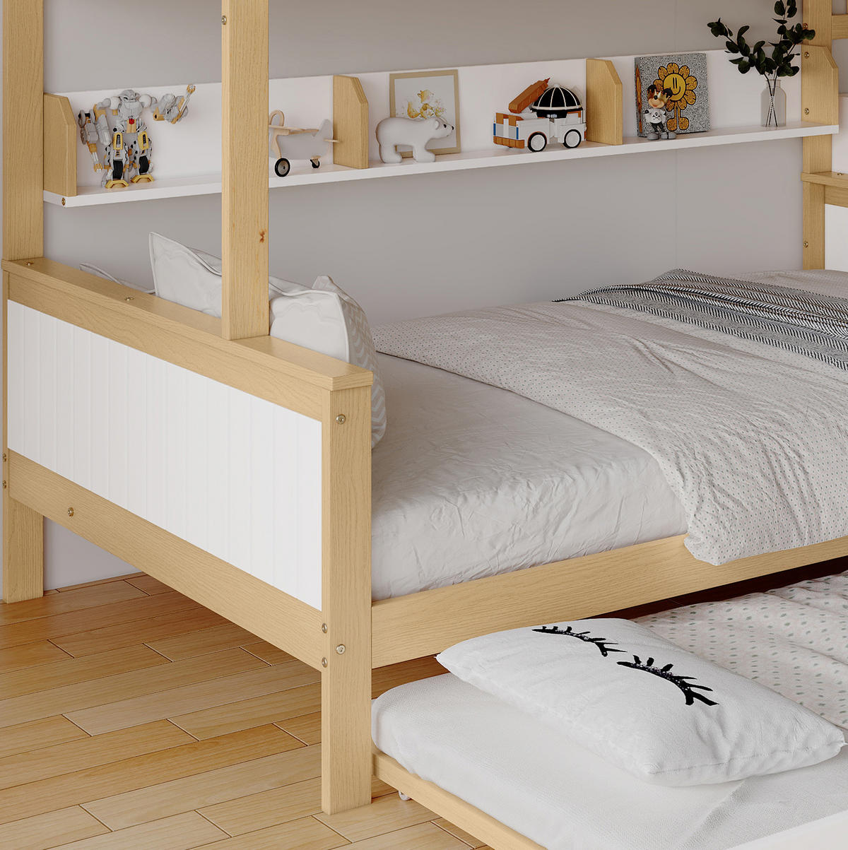 ETAGENBETT aus Kiefer und MDF 90x200/120x200 cm Weiß/Natur mit Rollbett, Stauraumtreppe und Kleiderschrank - Weiß, Holzwerkstoff (90/200cm) - Modfu