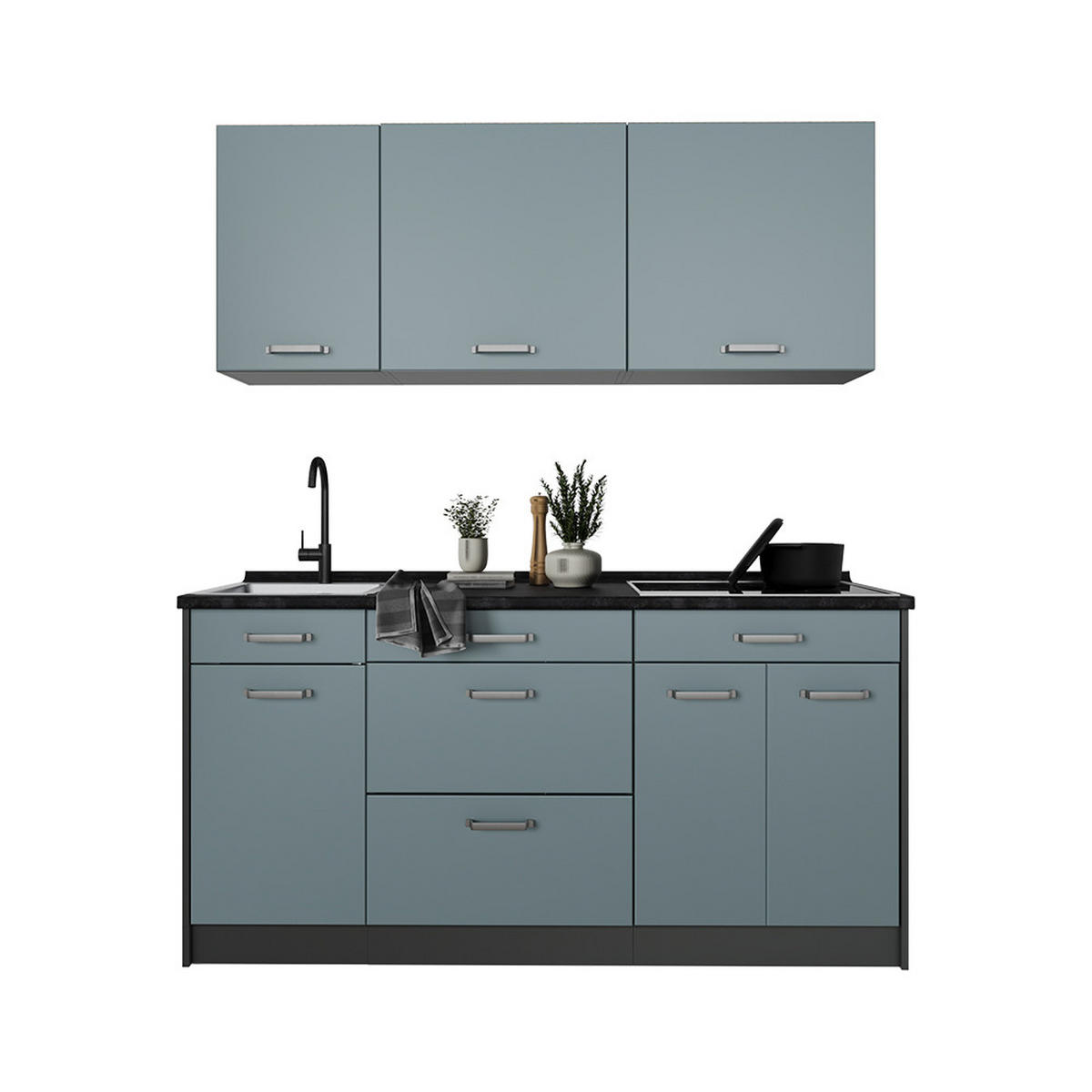 SINGLEKÜCHE R-Line, Blau-Grau/Anthrazit, 160 cm ohne Arbeitsplatte - Anthrazit/Blaugrau, Holzwerkstoff (160/81.6/46cm) - Vicco