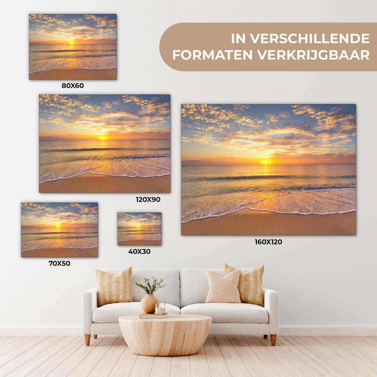 LEINWANDBILD Strand - Sonnenuntergang - Meer Wandbilder 80x60 cm - Gelb, Textil (80/60cm) - MuchoWow