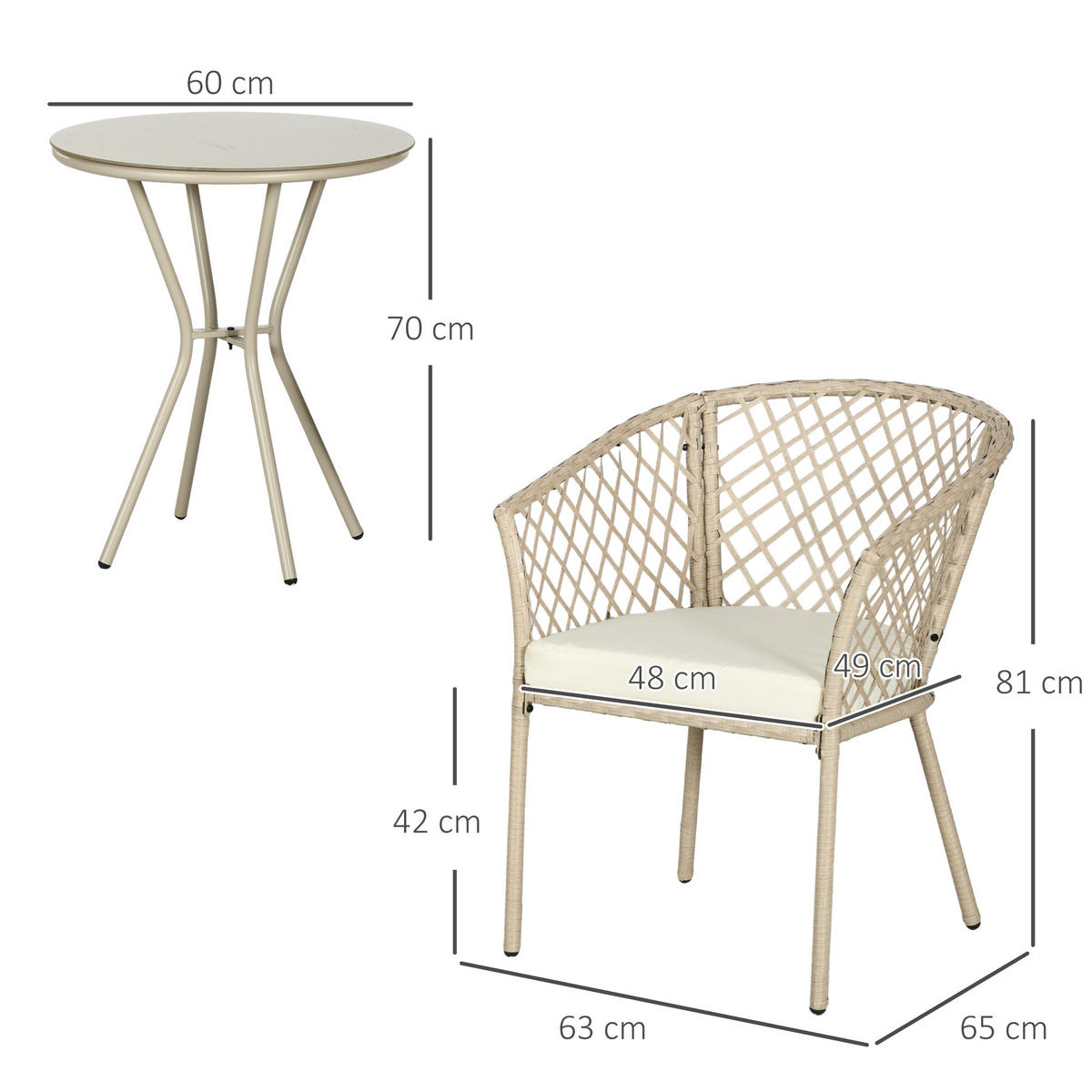 GARTENMÖBEL-SET 3-tlg. mit Kissen, Gartensitzgruppe für Balkon, Terrasse, Khaki - Naturfarben, Kunststoff - Outsunny
