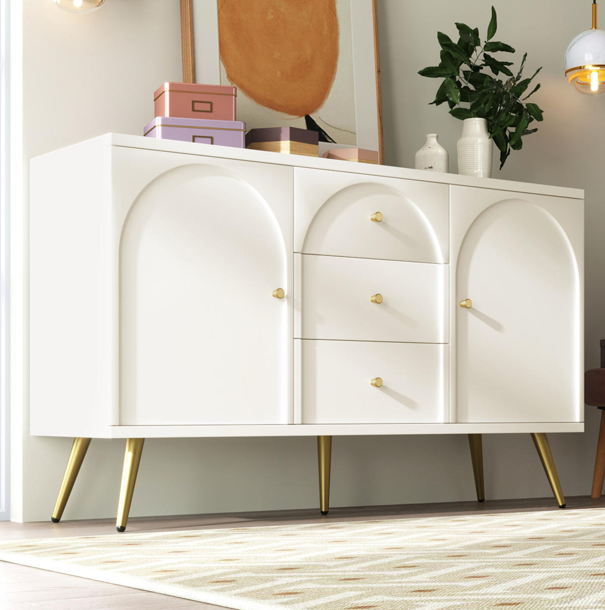 Redom KOMMODE 140/40/84 cm mit 2 Türen, 3 Schubladen, verstellbarem Einlegeboden und Holz-Metall-Gestell, Creme-Weiß jetzt nur online ➤