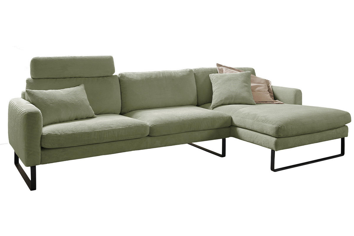 ECKSOFA RICARDA Dunkelgrün Cord - Dunkelgrün/Schwarz, Textil/Metall (298/154cm) - KAWOLA