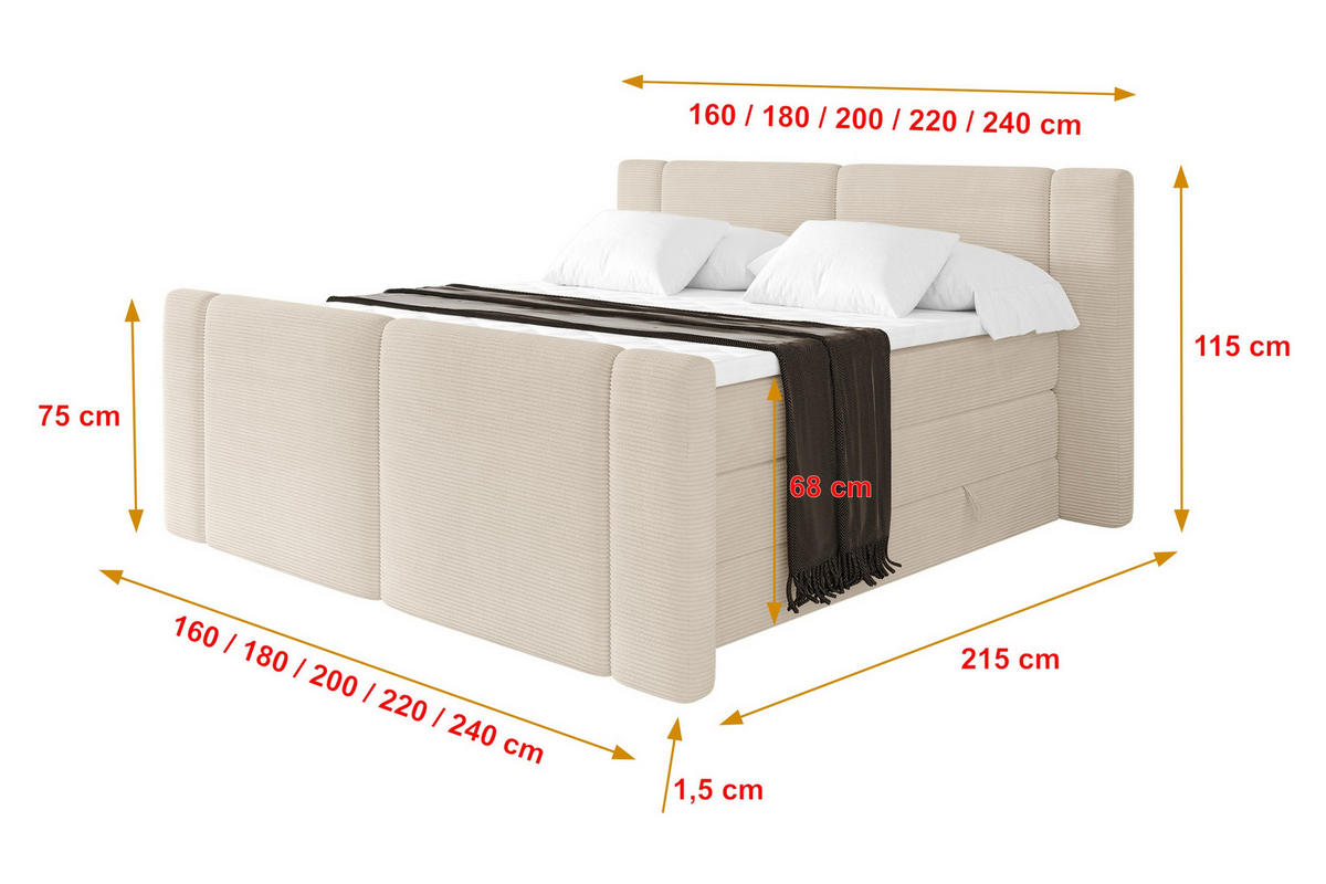 BOXSPRINGBETT mit Matratze H3/H4 - EVON KING Zanozek - 140x200 cm Beige - Ecru, Holzwerkstoff (140/200cm) - ALTDECOR