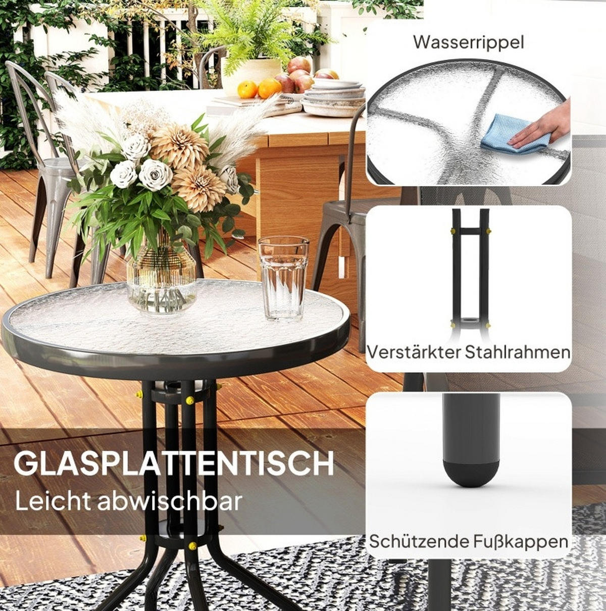 GARTENSETS aus Glas & Metall Ø60x71cm Schwarz mit stapelbaren Stühlen - Schwarz, Metall - Modfu