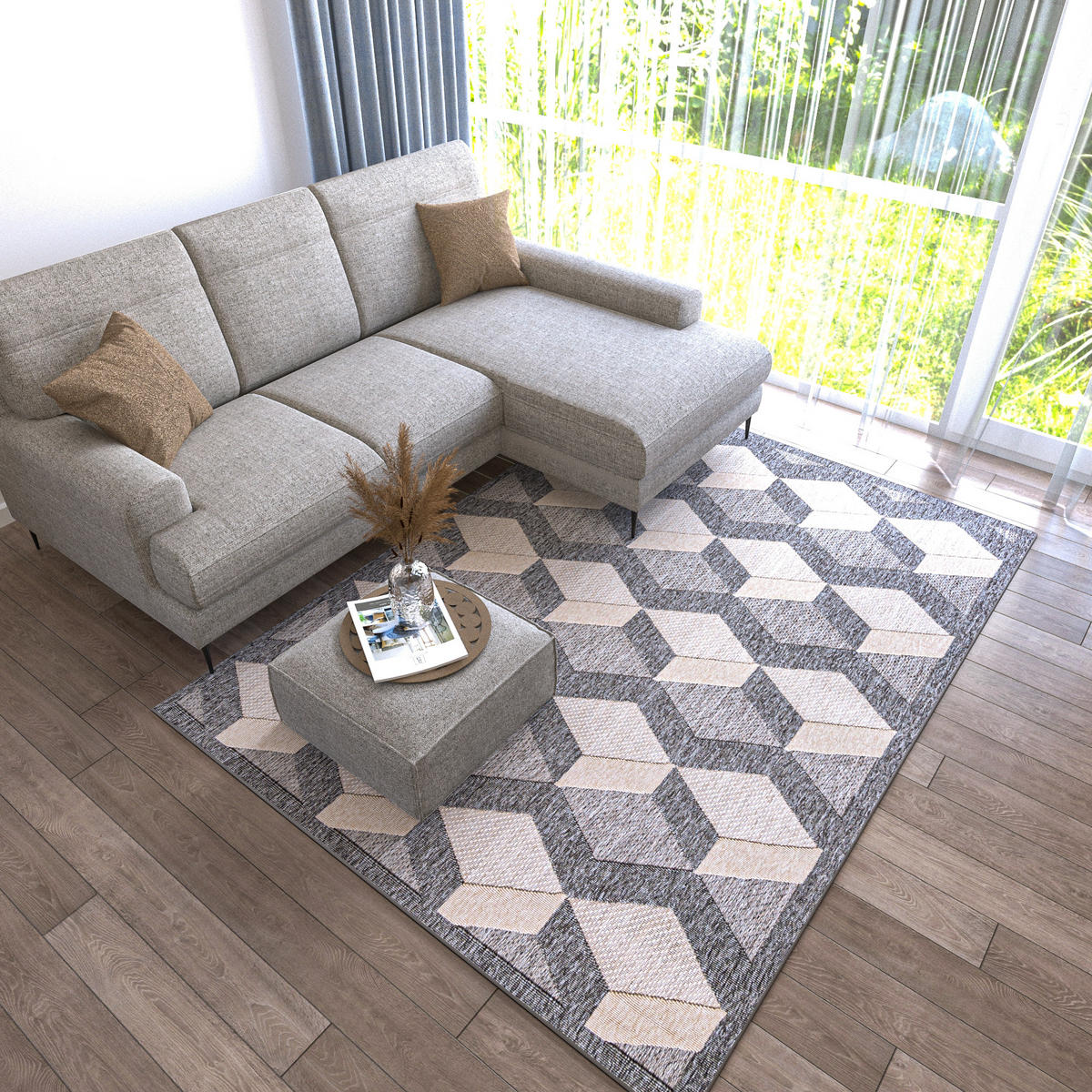 TEPPICH Beige In-Outdoor Geometrisch - Kurzflor Rechteckig - Grau - 80 x 150 cm - Beige/Grau, Textil (80/150cm) - Mazovia