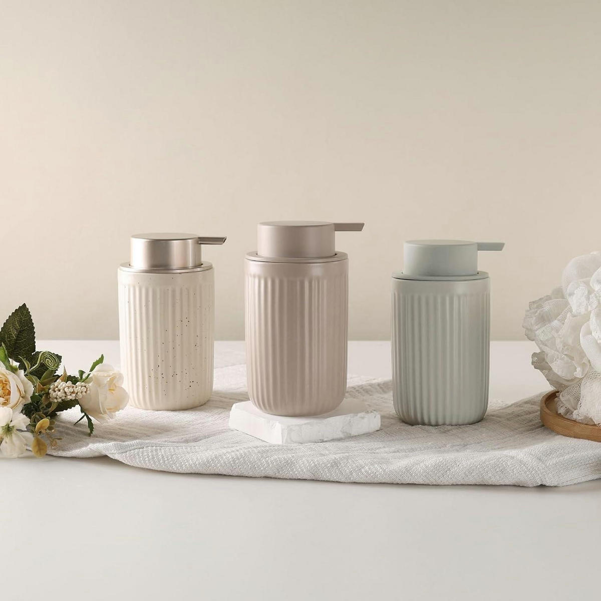 SEIFENSPENDER Keramik 350ml Streifen Khaki - Olivgrün, Keramik (8/14/8cm)