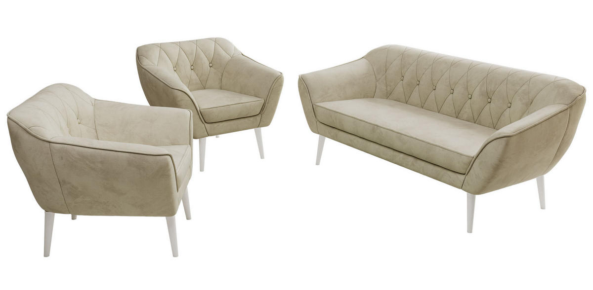 SEDACÍ SOUPRAVA 3+1+1 PIRS - Béžová Samet - Bílé nohy - bílá/béžová, kompozitní dřevo/textil (180/75/74cm) - MKS