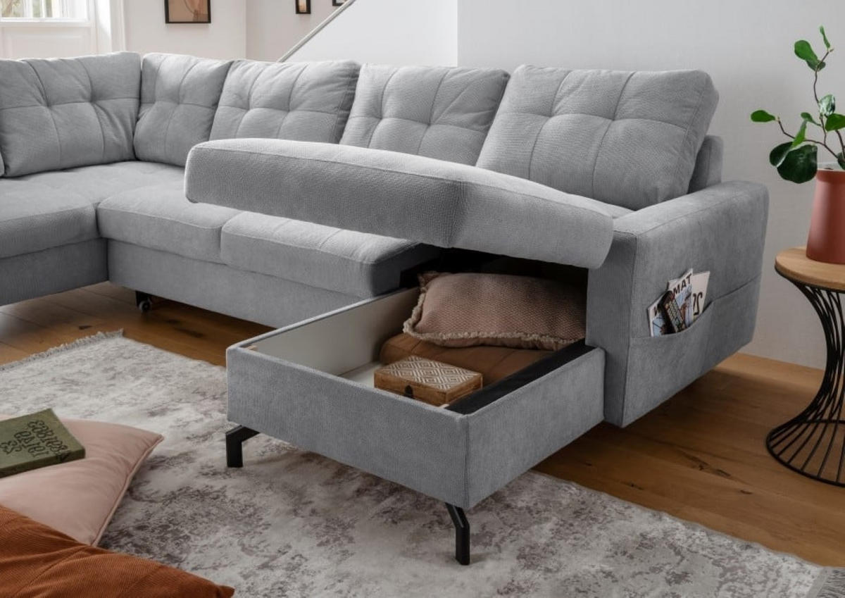 WOHNLANDSCHAFT mit Schlaffunktion und Bettkasten - Schwarz/Grau, Textil/Metall (305/92/200cm) - myHomelando