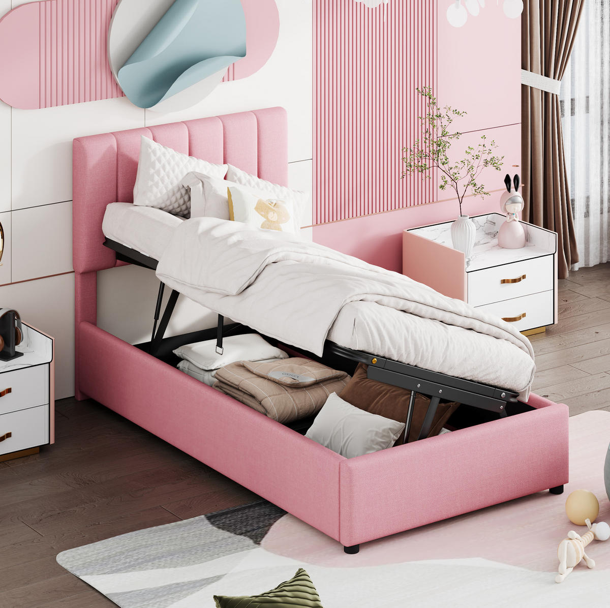 KINDERBETT Polsterbett 90/200 cm aus Leinenstoff mit hydraulischem Stauraum Rosa - Pink, Textil (90/200cm) - Modenvie