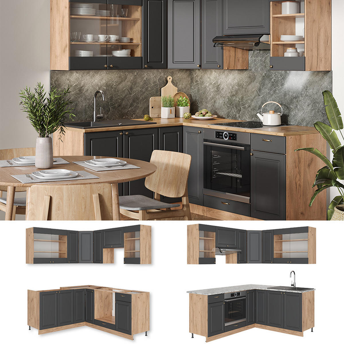 ECKKÜCHE Fame-Line Anthrazit Landhaus/Goldkraft Eiche 160 x 190 cm AP Anthrazit - Dunkelgrau/Eiche Wotan, Holzwerkstoff (190/81.6/60cm) - Vicco