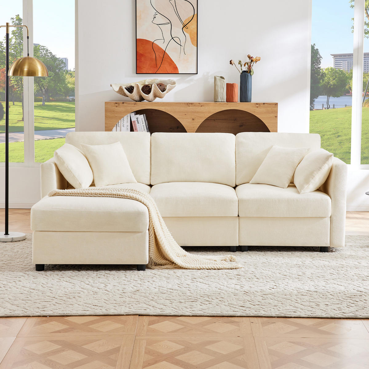 4-SITZER ECKSOFA Chenille Beige mit Verstellbaren Armlehnen, mit Hocker und Kissen - Beige, Holzwerkstoff/Kunststoff (218/156.5cm) - WISHDOR