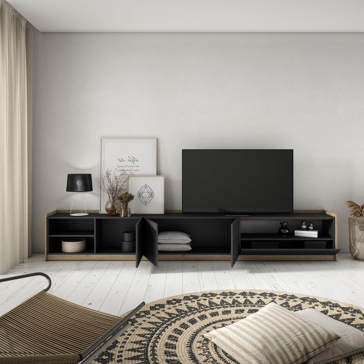 TV-SCHRANK, Lowboard, Schwarz Eiche, 310/37/50cm - Schwarz, Holzwerkstoff (310/50/37cm) - Skraut Home