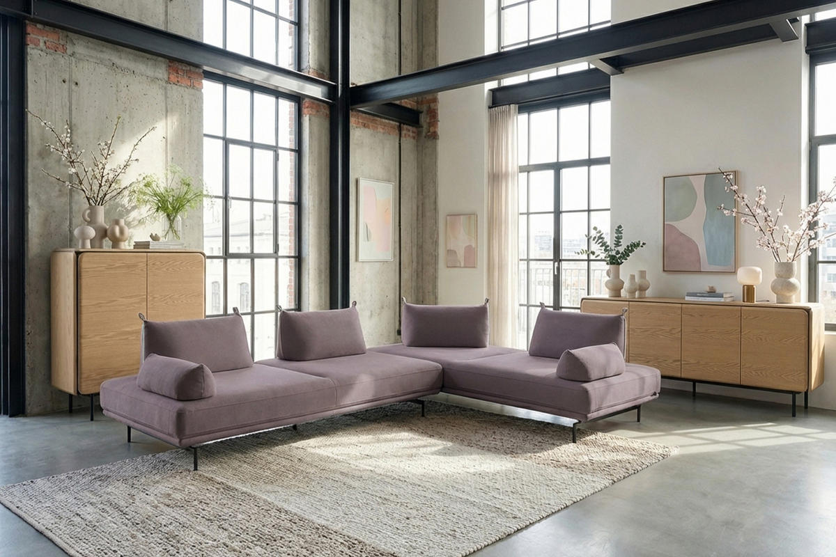 ECKSOFA CANE Violett Webstoff - Violett/Schwarz, Textil/Metall (310/210cm) - KAWOLA